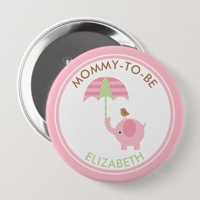 Cute Pink Elephant Boy Baby Shower Personalized 4 Inch Round Button (Front & Back)