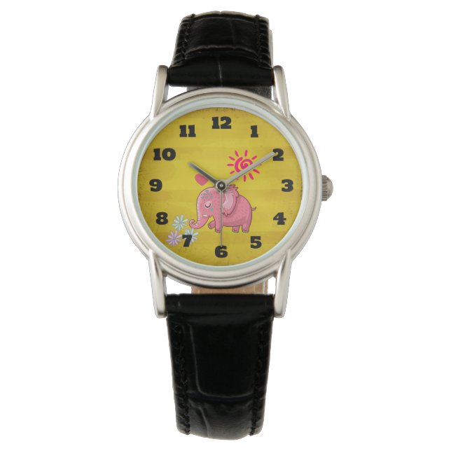 Cute Pink Elephant Doodle Sniffing Daisies Watch (Front)