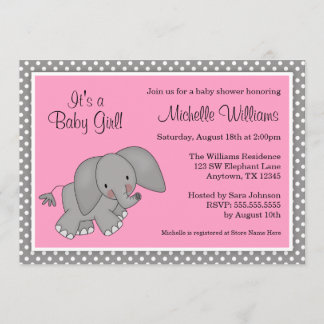 Cute Pink Elephant Girl Baby Shower Invitations