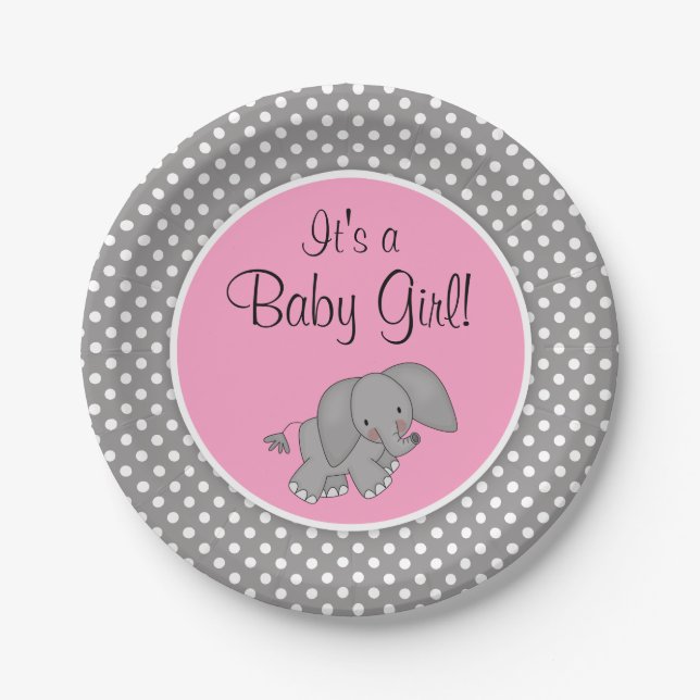Cute Pink Elephant Girl Baby Shower Paper Plate (Front)