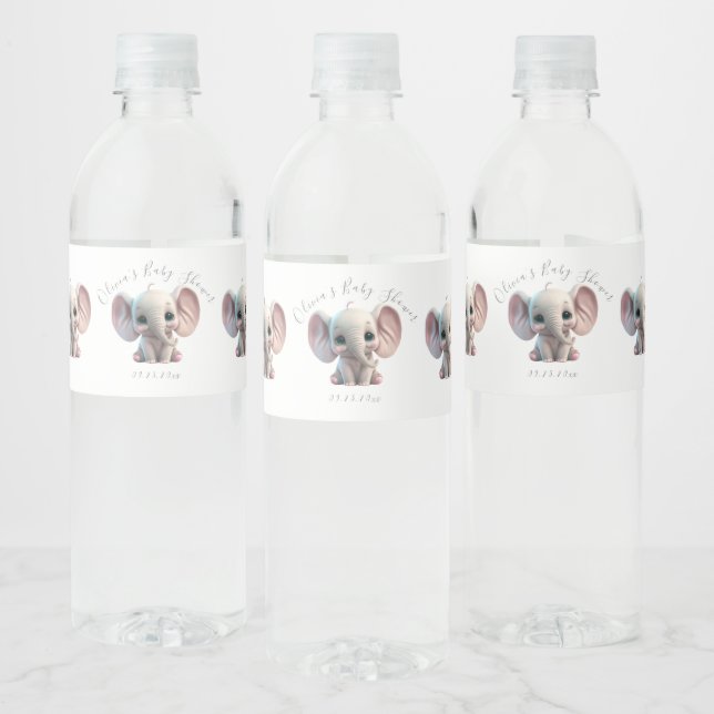 Cute Pink Elephant Girl Baby Shower Water Bottle Label (Bottles)