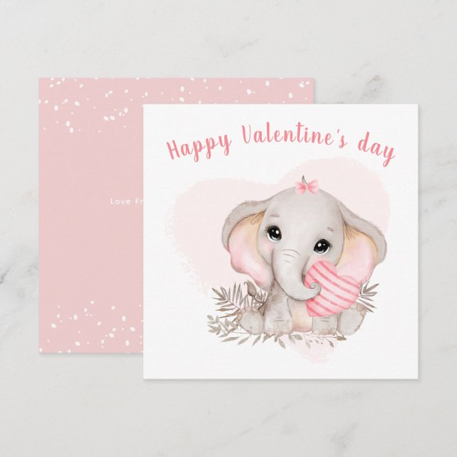Cute Pink Elephant Heart Girl Valentine's day Card (Front/Back)