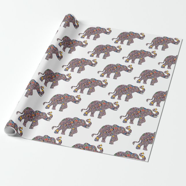 Cute Pink Elephant in a Psychedelic Cheetah Patter Wrapping Paper (Unrolled)
