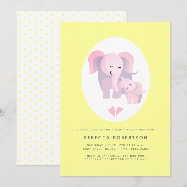 Cute pink elephant mother, baby girl shower yellow invitation (Front/Back)