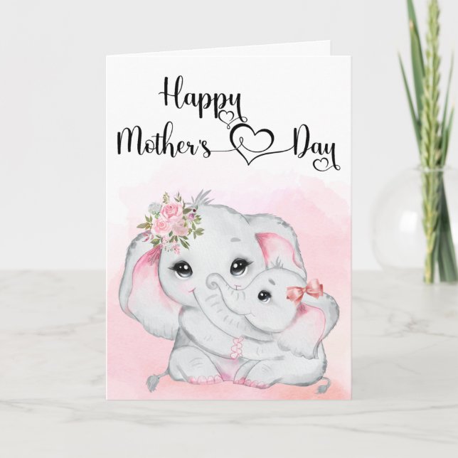 Cute Pink Elephant Mother Baby Mother's Day Card (Front)