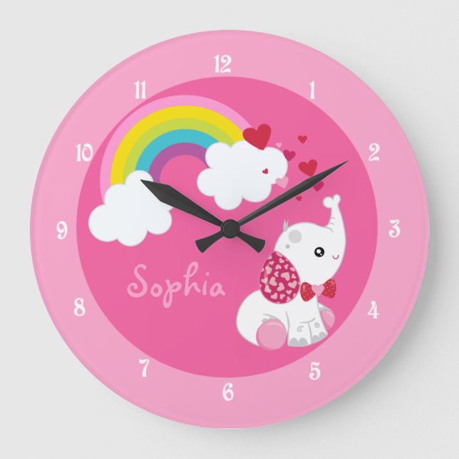 Cute Pink Elephant Nursery Large Clock (Front)