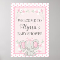 Cute Pink Elephant Polka Dots Flowers Baby Shower