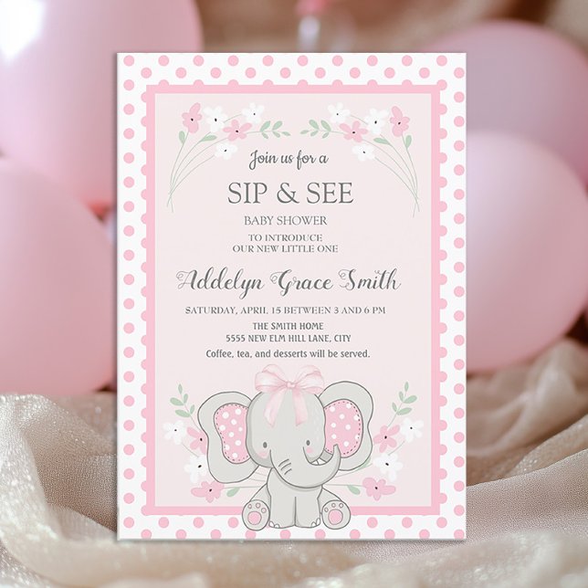 Cute Pink Elephant Polka Dots Flowers Sip See Baby Invitation (Cute pink elephant baby girl baby shower invitation)