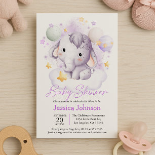 Cute Pink Elephant Stars Watercolor Invitation