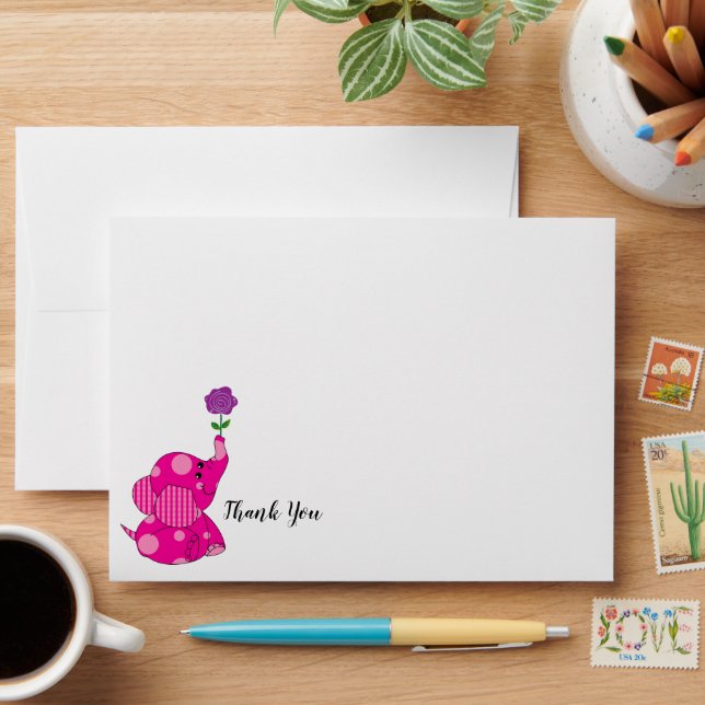 Cute Pink Elephant Thank You Card with Flower Envelope (Desk)
