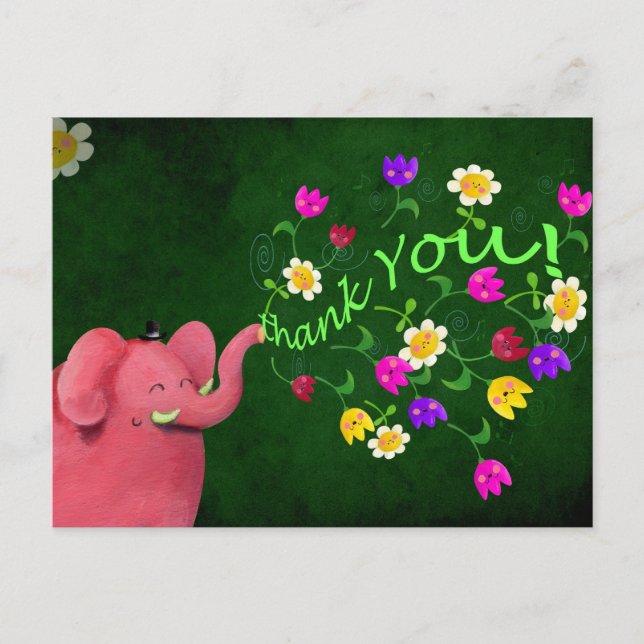 Cute Pink Elephant Thank You Postcard (Front)