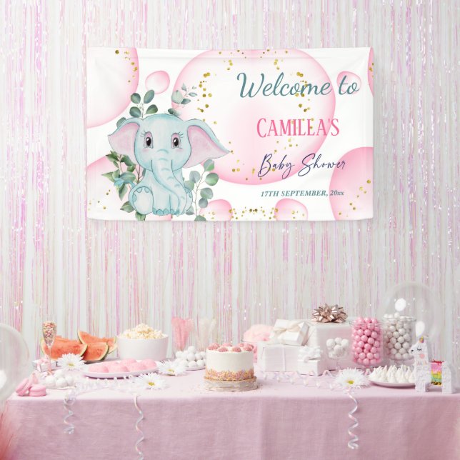 Cute Pink Elephant with Eucalyptus Welcome Banner (Party)