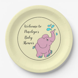 Cute Pink Elephant with Your Name Baby Shower Pape Paper Plate