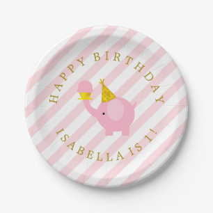 Cute Pink Elephants Personalized Birthday Party Paper Plate