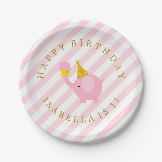 Cute Pink Elephants Personalized Birthday Party Paper Plate (Front)