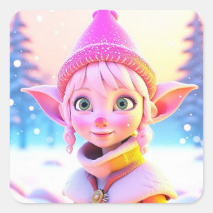 Cute Pink Elf Whimsical Christmas Square Sticker