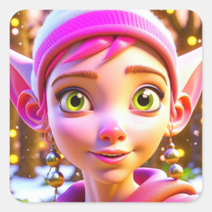 Cute Pink Elf Whimsical Personalized Christmas Square Sticker