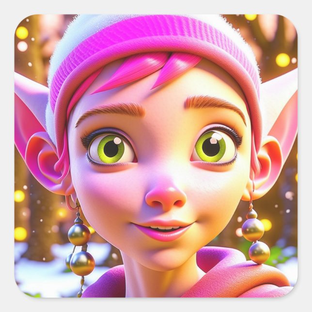 Cute Pink Elf Whimsical Personalized Christmas Square Sticker (Front)