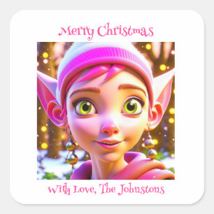 Cute Pink Elf Whimsical Personalized Christmas Square Sticker