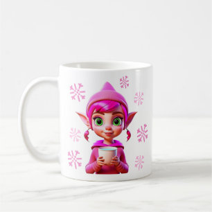 Cute Pink Elf with Coffee or Cocoa Christmas Mug