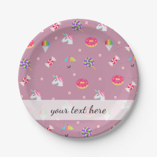 cute pink emoji unicorns candies flowers lollipops paper plate