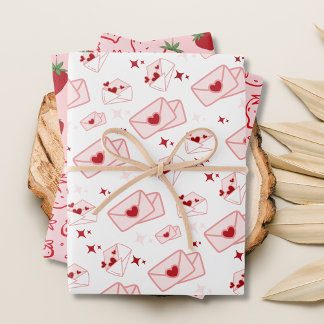 Cute Pink Envelop and Strawberries  Wrapping Paper Sheet