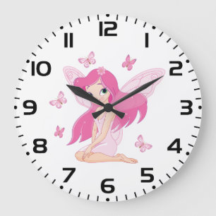 Cute Pink Fairy and Magical Butterflies Large Clock