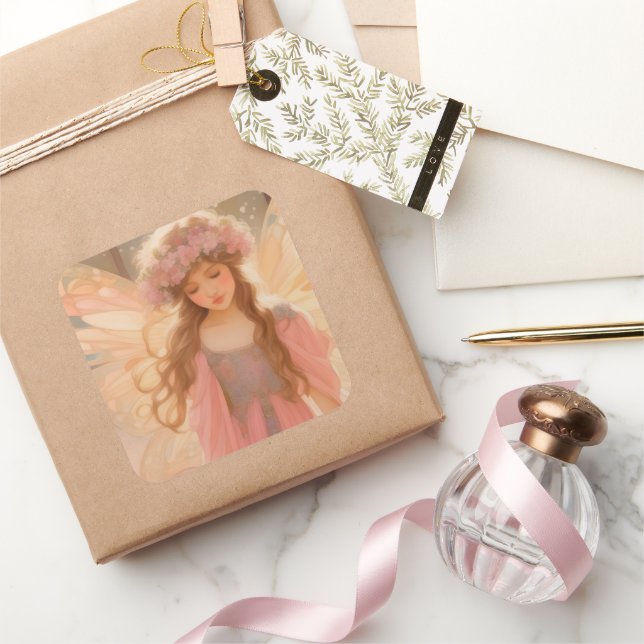 Cute Pink Fairy Fantasy Painting Square Sticker (Gifting)