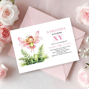 Cute Pink Fairy Girl 5th Birthday Floral invitatio Invitation
