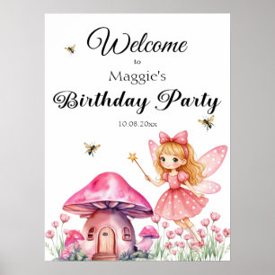 Cute Pink Fairy Mushrooms Birthday Party Poster