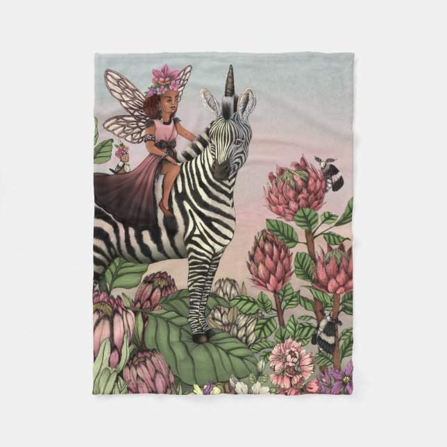 Cute Pink Fairy on Zebra Unicorn Floral Art  Fleece Blanket (Front)