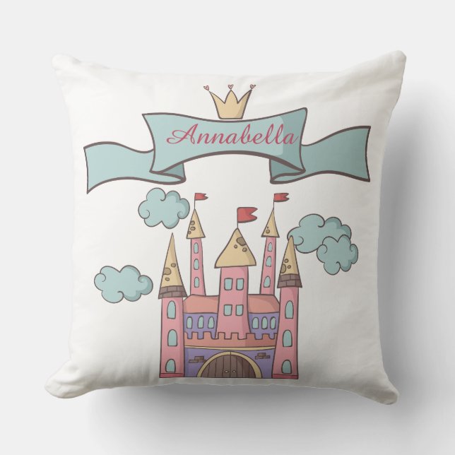 Cute Pink Fairy Tale Princess Castle Custom Name Throw Pillow (Front)