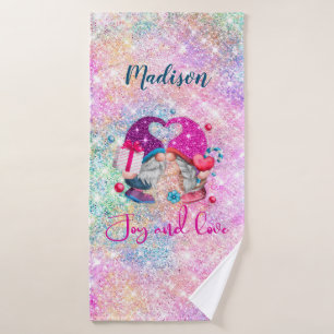 Cute pink faux glitter gnome Christmas monogram  Bath Towel Set