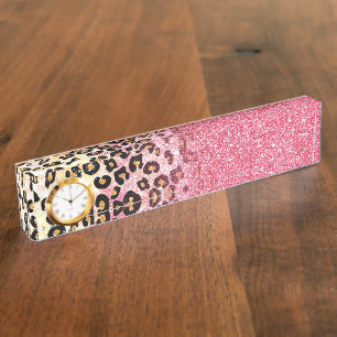 Cute pink faux glitter leopard animal print nameplate