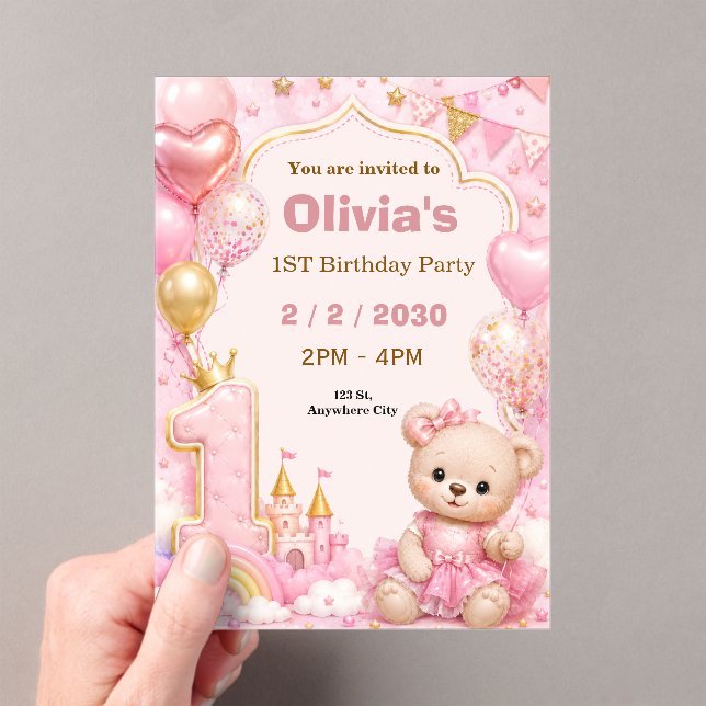 Cute Pink First Birthday Party Invite Acrylic Invitations (Insitu (Handheld))