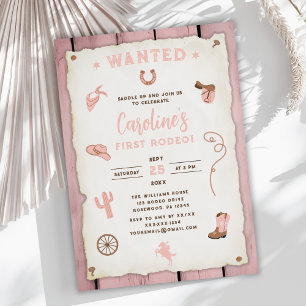 Cute Pink First Rodeo Baby Girl 1st Birthday Invitation