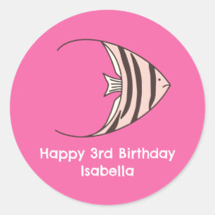 Cute pink fish Happy Birthday Classic Round Sticker