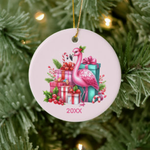 Cute pink flamingo add name year ceramic ornament