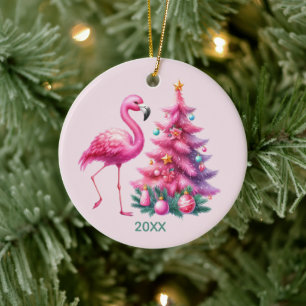 Cute pink flamingo add name year ceramic ornament