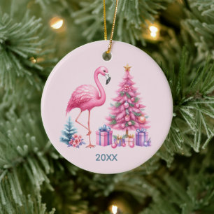 Cute pink flamingo add name year ceramic ornament