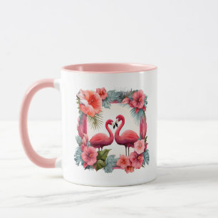 Cute pink flamingo add names Wedding Date Mug