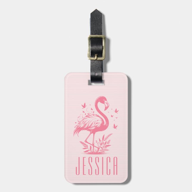 Cute Pink Flamingo And Stripes Luggage Tag (Front Vertical)