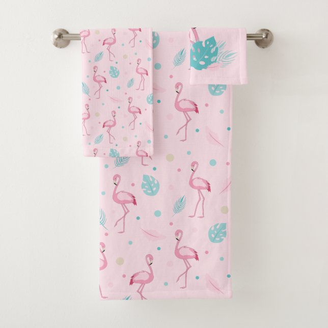 Cute Pink Flamingo and Tropical Plants Pattern Bath Towel Set (Insitu)