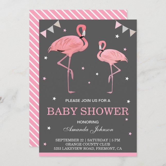 Cute Pink Flamingo Baby Shower Invitation (Front/Back)