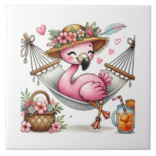Cute pink flamingo beach lovers tile