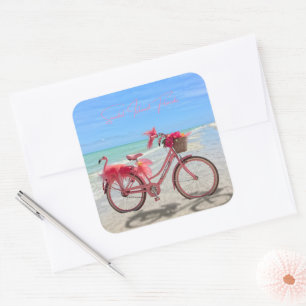 Cute Pink Flamingo Bicycle on Sanibel Island Beach Square Sticker