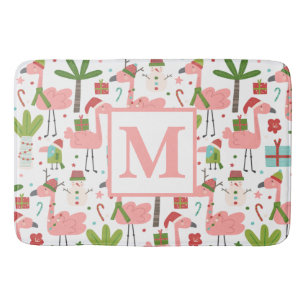 Cute Pink Flamingo Christmas Monogram Initial  Bath Mat