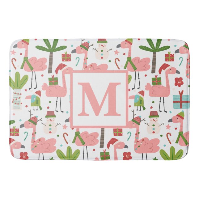 Cute Pink Flamingo Christmas Monogram Initial  Bath Mat (Front)