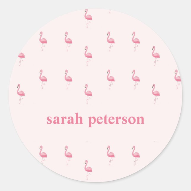 Cute pink flamingo custom name pink classic round sticker (Front)