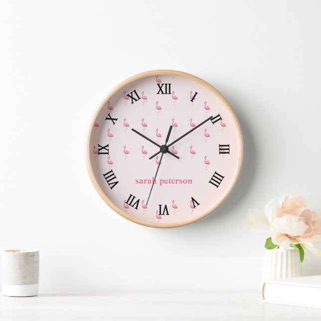 Cute pink flamingo custom name pink clock (Home)